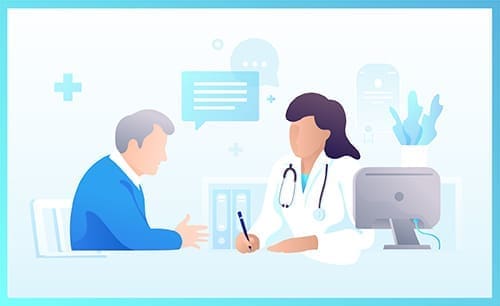 Physician documenting care with elderly patient